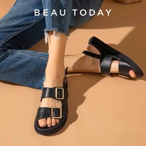 BeauToday 캐주얼 샌들 여성 정품 가죽 금속 발목 버클 스트랩 여름 해변 숙녀 낮은 굽 스포츠 신발 수제 38128