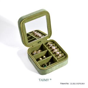 TAIMY 빈티지 벨벳 여행 보석 보관 반지 상자 플립 미러 주최자 지원 로고 사용자 정의 레트로 녹색 보석 상자