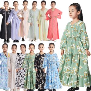 모로코 Eid 파티 이슬람 어린이 소녀 Abaya 꽃 인쇄 긴 맥시 드레스 터키 Kaftan 아랍 가운 이슬람 휴일기도 의류