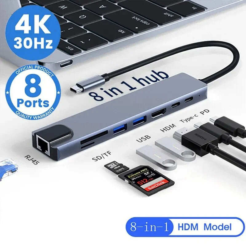 8in1 USB C 허브 유형 C 분배기 4K Thunderbolt 3 도킹 스테이션 Macbook Air M1 iPad Pro RJ45 HDTV 컴퓨터 용 노트북 어댑터
