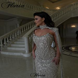 반짝 이는 반짝 이는 실버 이브닝 드레스 럭셔리 크리스탈 인어 연예인 드레스와 케이프 vestidos 파라 mujer 파티 파티 드레스