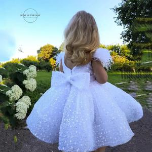 BABYONLINE 화이트 플라워 걸 드레스, 반짝이는 구슬 깃털 활, 이브닝 파티, 공주 무도회 가운, 친교 유아 투투
