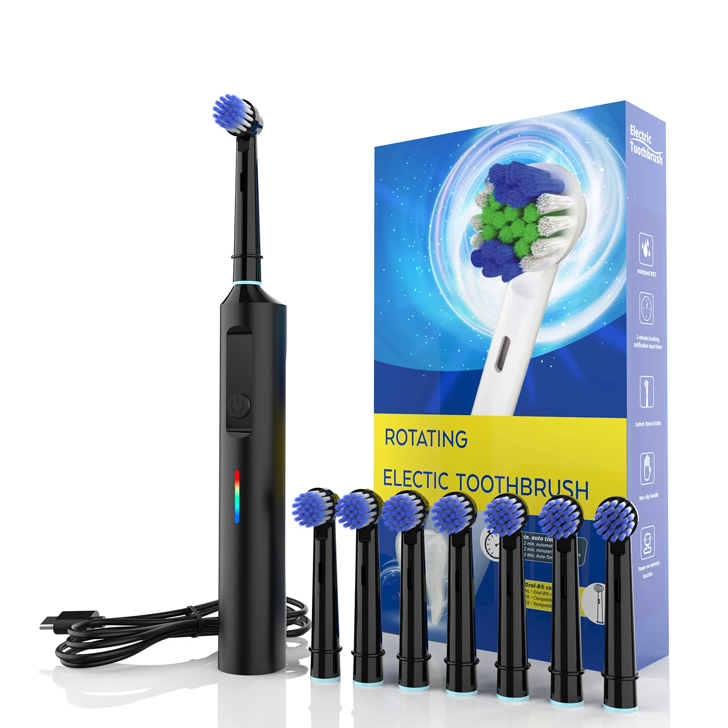 스마트 회전 전동 칫솔, 6개 헤드가 있는 충전식 회전 칫솔, Oral B 교체용 브러시 헤드와 호환 가능