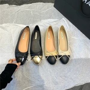 여성 가죽 플랫 슈즈 세련된 라운드 발가락 캐주얼 발레리나 보우 발레 슈즈 소프트 모카신 블랙 베이지 로리타 신발