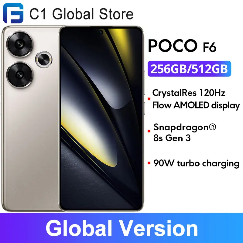 POCO F6 스마트폰 글로벌 버전, 월드 프리미어, 스냅드래곤®8s 3 세대 NFC 120Hz 플로우 AMOLED 90W 터보 충전 5000mAh 배터리