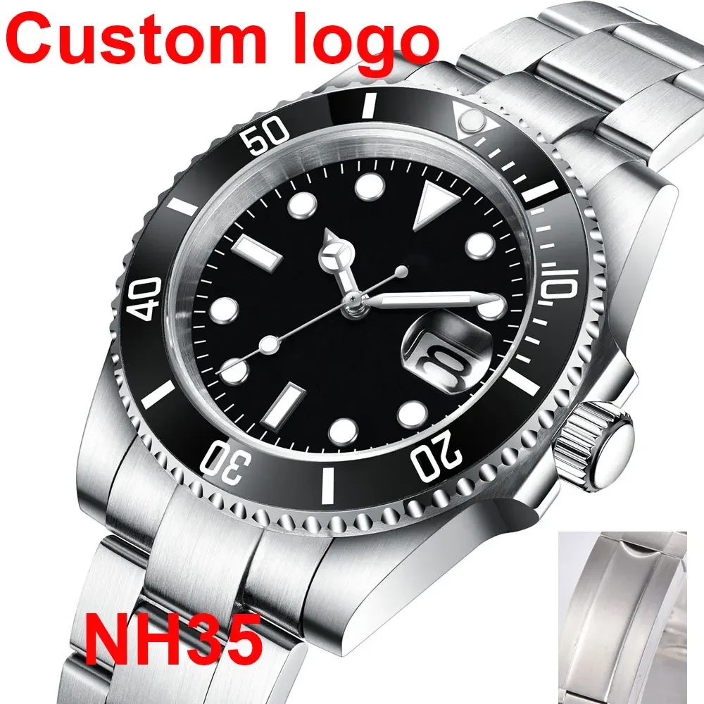 DIY 사용자 정의 로고 40MM 사파이어 NH35Mechanical Mens 손목 시계 무균 다이얼 세라믹 10Bar 빛나는 스포츠 남성 시계