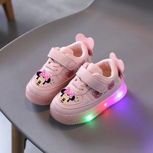 디즈니 미키 마우스 용수철 어린이 조명 캐주얼 신발, pu 소녀 및 소년 LED 스니커즈 보드 신발, 가을 및 겨울