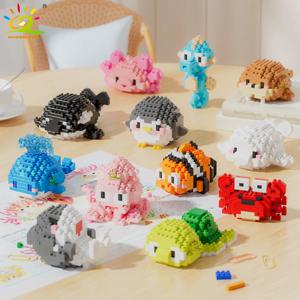HUIQIBAO 미니 귀여운 상어 거북이 게 Sealife 동물 마이크로 빌딩 블록 3D 다이아몬드 모델 벽돌 DIY 도시 장난감 어린이를위한 어린이