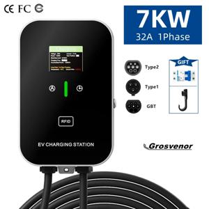 새로운 7KW Type2 전기 자동차 충전기 32A EV 충전소 Type1 GBT EVSE Wallbox 1상 EV 충전기(스크린 카드 포함)