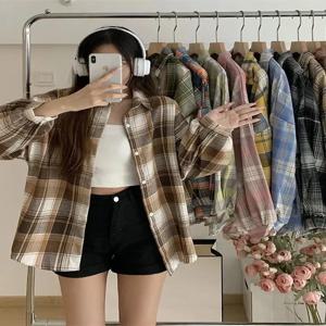 격자 무늬 셔츠 여성 패션 가을 긴 소매 탑 여성 빈티지 싱글 브레스트 블라우스 숙녀 프레피 스타일 느슨한 체크 셔츠