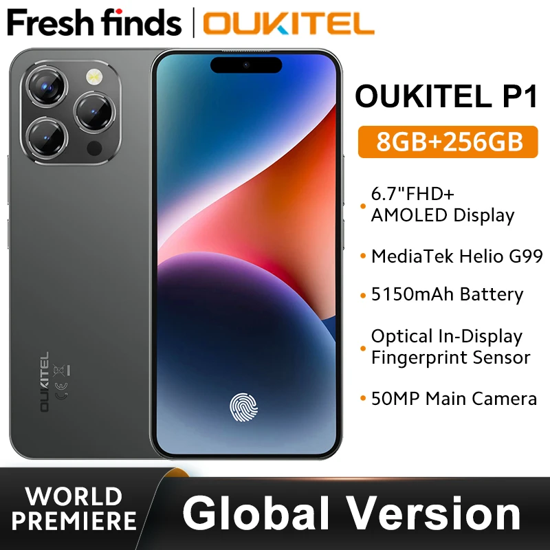 OUKITEL P1 스마트폰 글로벌 버전 6.7인치 120Hz AMOLED 디스플레이 8GB 256GB MTK Helio G99 50MP 메인 카메라 5150mAh NFC 핸드폰