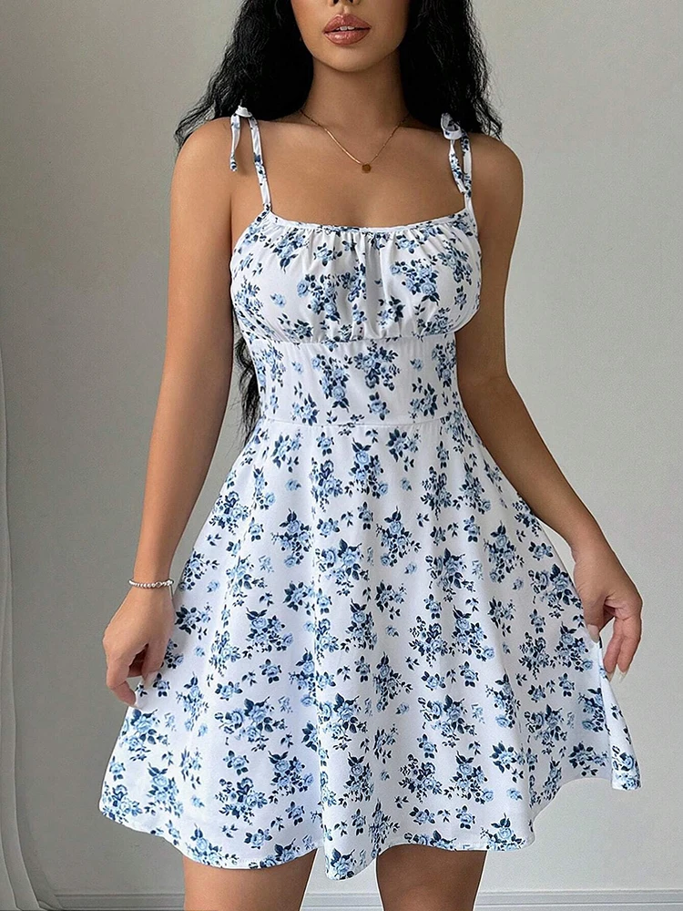 여성 여름 꽃 스파게티 스트랩 비치 짧은 드레스, 여성 드레스, 여성 의류, 여성 의류, Sundress, 드레스 2025의 새로운