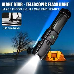 LED 캠핑 토치 손전등 고전력 충전식 USB 스포트라이트 줌 랜턴 낚시 야외 방수 내장 배터리