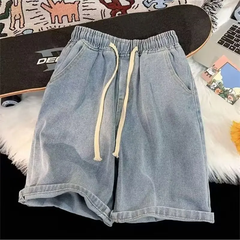 여름 얇은 캐주얼 루즈 남성 데님 반바지 아메리칸 레트로 스타일 5부 길이 스트레이트 레그 팬츠 청소년 패션 트렌드