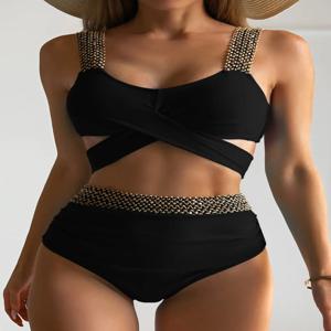 크로스 하이 웨스트 비키니 2025 여성 블랙 수영복 솔리드 수영복 여성 Beachwear 여름 Bathers 수영복 수영