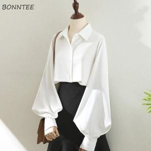 블라우스 탑 여성 화이트 블랙 긴 랜턴 슬리브 사무실 레이디 기질 가을 겨울 기본 모든 경기 디자인 세련된 여성 새로운