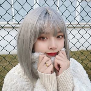여성 그룹 스타일 짧은 스트레이트 헤어 가발, 코믹 프린지 실버, 회색 보보 헤어 테일, 원 컷 합성 섬유 가발