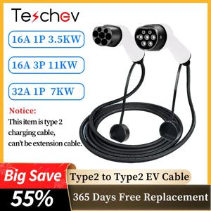 Teschev 16A/32A 11kW 유형 2 - 유형 2 Protable EV 충전 케이블 IEC 62196-2 전기 자동차용 충전기 공공 스테이션의 자동차