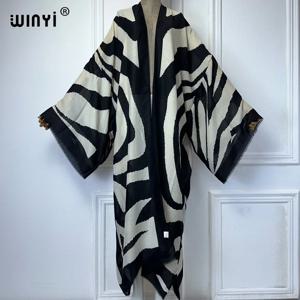 WINYI 기모노 얼룩말 프린트 카디건 abaya 두바이 럭셔리 우아한 해변 의상 롱 코트 여성 섹시 코튼 느낌 드레스 kaftan