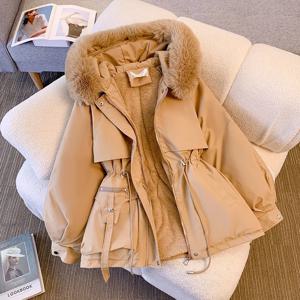 양털 안감 모피 후드 다운 재킷 여성 겨울 따뜻한 Drawstring 지퍼 패딩 파카 캐주얼 코튼 코트 Puffer Outwears