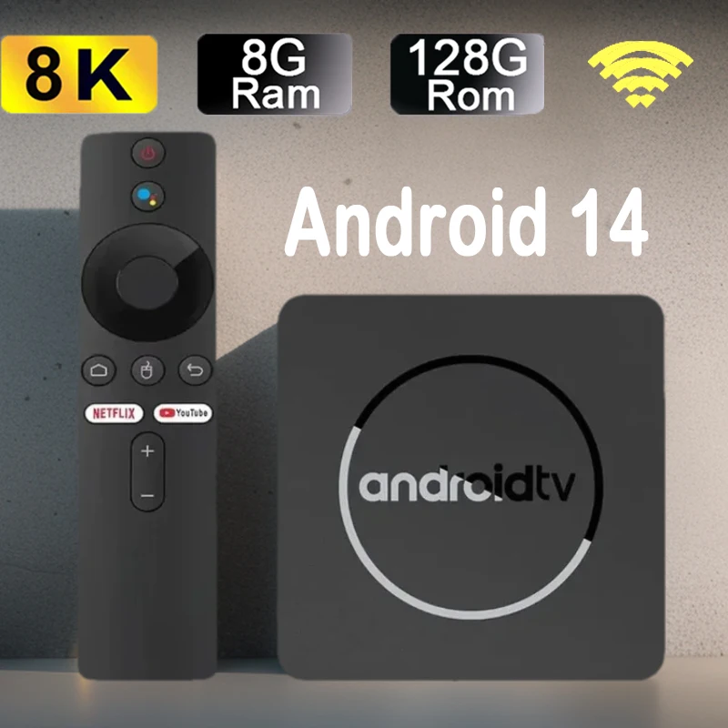 Q10 Android14 8K HDR10+ 스마트 TV 박스 Allwinner H313 128G 듀얼 Wifi BT5.0 셋톱박스 미디어 플레이어(Google 음성 보조 포함)