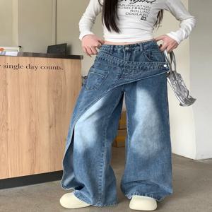Trashy Y2K 2000S Washed Blue Baggy 쌓인 청바지 바지 여성 90S 빈티지 디자이너 의류 와이드 레그 레이디 바지 Ropa De Mujer