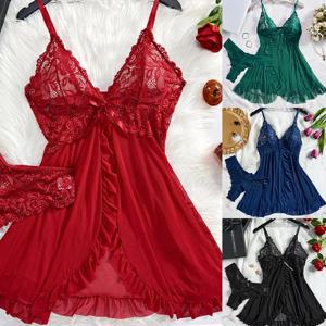 섹시한 가정 의류 여성 잠옷 멜빵 잠옷 레이스 프릴 란제리 나이트 드레스 딥 브이 브래지어 끈 팬티 파자마 속옷 세트