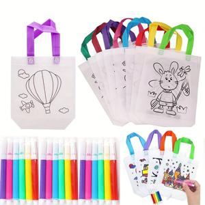 마커가있는 DIY 낙서 가방 어린이를위한 수제 그림 부직포 가방 예술 공예 색상 작성 그리기 장난감 크리스마스 선물