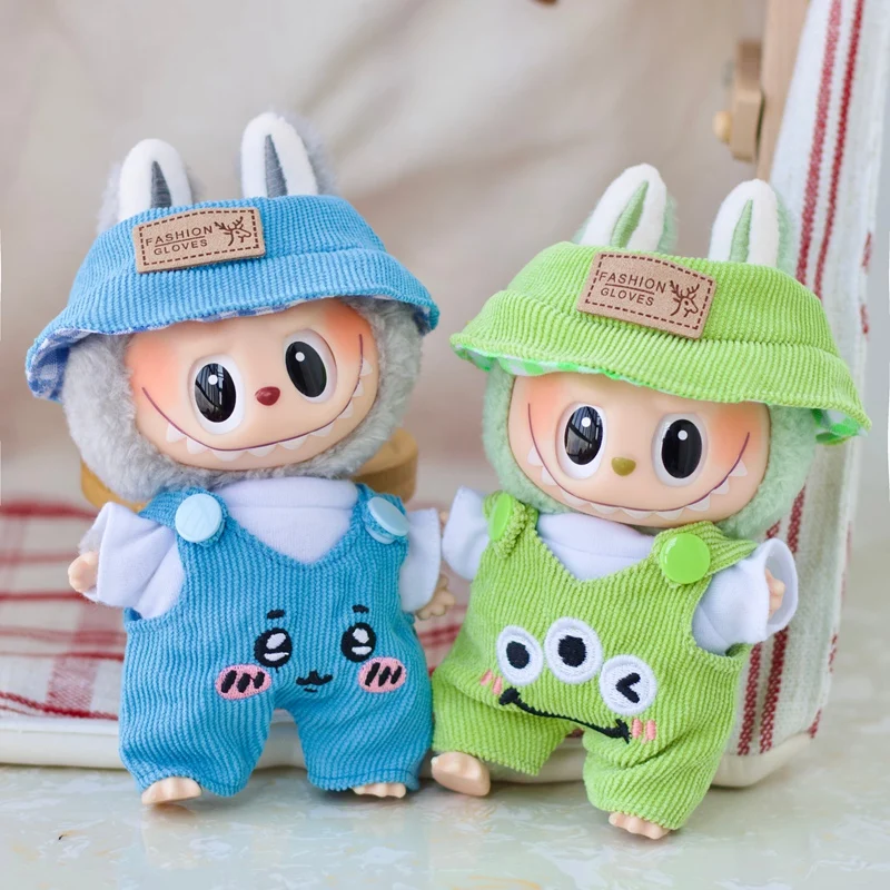 17cm Labubu 인형 패션 세트 귀여운 흰색 셔츠 모자 동물 작업복 인형 액세서리 의류 세트 변경 인형 옷 선물