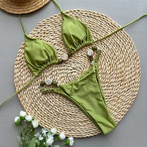 솔리드 그린 수영복 섹시한 홀터넥 삼각형 비드 스트링 비키니 미니 마이크로 끈 수영복 여자 2025 여름 브라질 비키니 세트