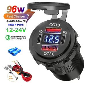 듀얼 PD QC3.0 USB 자동차 모토바이크 충전기, 전압계 소켓 전원 콘센트 어댑터, 12V 24V 자동차 보트 트럭 모토용 방수, 96W