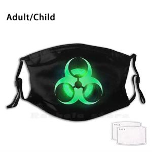 녹색 생물 학적 기호, 재미있는 인쇄, 재사용 가능한 Pm2.590 필터, 얼굴 마스크, 생물학적 위험, 녹색 기호, 검은색 발광 배경