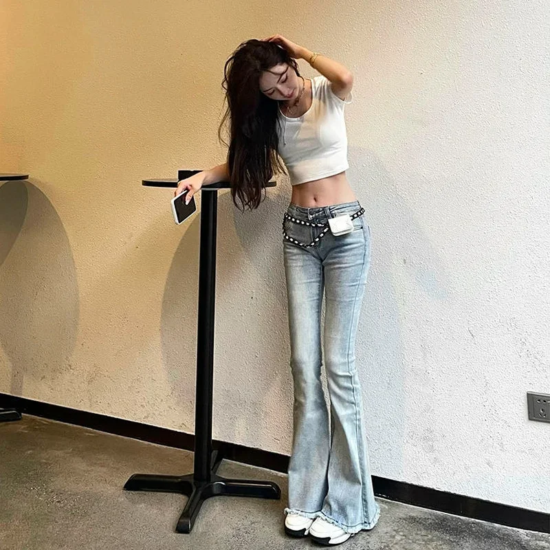 로우 라이즈 웨이스트 벨 바텀 팬츠, 여성용 블루 팬츠, 스키니 청바지, 플레어 슬림 핏, 플레어 배기, 세련된 여름 바지 A