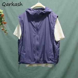 조끼 여성 카고 지퍼 후드 캐주얼 루즈 솔리드 야외 스포츠 멋진 빠른 건조 얇은 주름 streetwear 모든 경기 여름