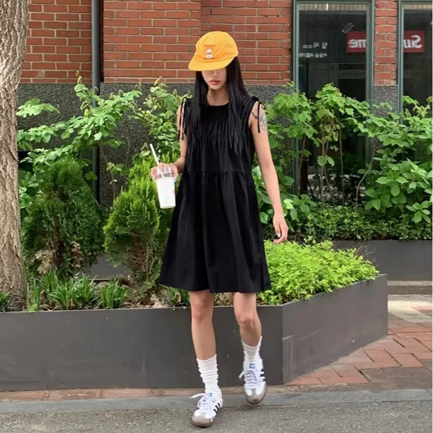 한국어 스타일 레트로 라운드 넥 민소매 Pleated 디자인 나비 매듭 허리 조끼 드레스 짧은 a 라인 여름 간단한 솔리드 컬러 여성 드레스
