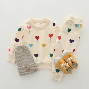 2PCS 유아 봄, 가을 전체 인쇄 사랑 풍선 패션 긴 소매 바지 세트