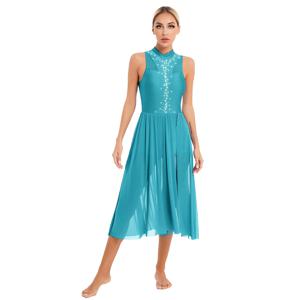 Womens Lyrical Ballet 볼룸 댄스 드레스 민소매 레오타드 바디 슈트 패치 워크 Flowy Split Mesh 스커트 맥시 드레스 퍼포먼스