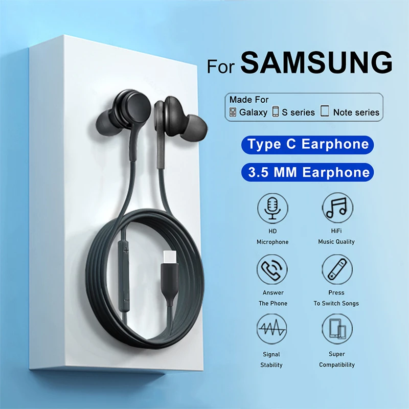 삼성 Galaxy S24 S23 S21 S22 Ultra Plus Fe 용 유형 C 유선 이어폰 A54 A34 A53 A52 액세서리 용 3.5mm 이어 버드 헤드폰
