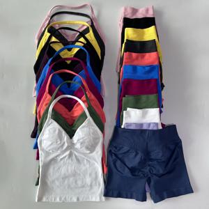 2pcs 충격 체육관 세트 여성 등받이 탱크 탑 높은 허리 Scrunch 원활한 반바지 피트니스 의류 Activewear 운동 세트 체육관 양복