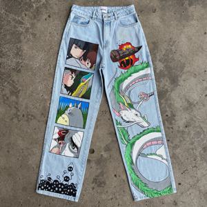 남성용 새로운 Y2k Anime 프린트 청바지 Baggy Jean 인기 바지 streetwear 와이드 레그 여성 하이 웨스트 바지 하라주쿠 남성 의류
