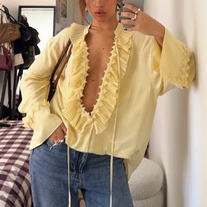 Talenza 캐주얼 쉬폰 셔츠 여성 패션 Pleated 레이스 업 솔리드 레이스 탑 여름 휴가 느슨한 빈티지 우아한 여성 블라우스