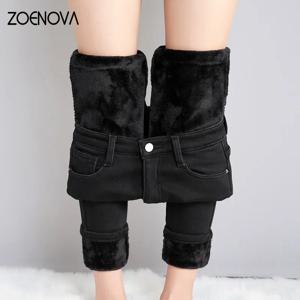 ZOENOVA 여성 두꺼운 벨벳 청바지 양털 따뜻한 한국 패션 하이 웨이스트 스키니 탄성 바지 진 캐주얼 레깅스 겨울 2023