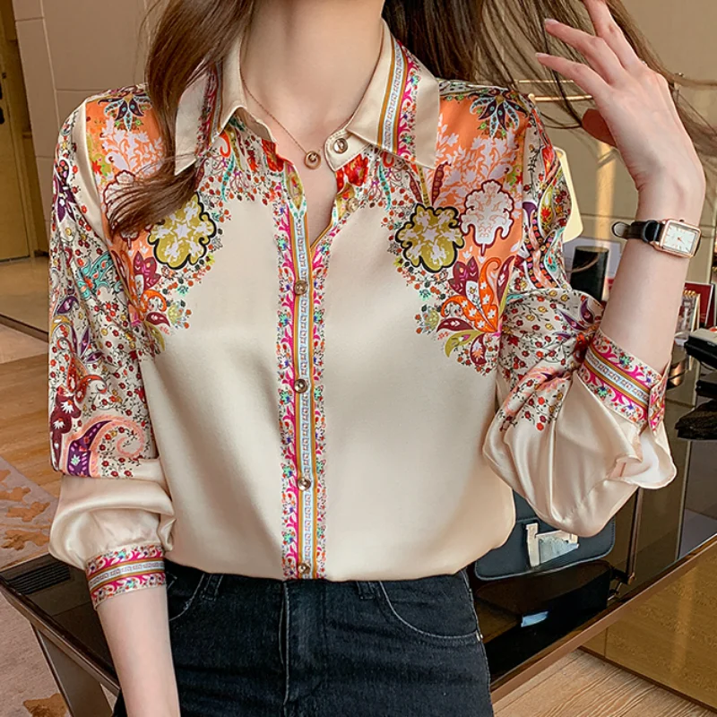 가을 긴 소매 셔츠 캐주얼 탑 봄 패션 여성 꽃 프린트 블라우스 탑 숙녀 셔츠 의류 Blusa Elegant 18440