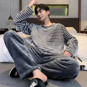 남성 겨울 따뜻한 플란넬 잠옷 세트 남성용 긴 소매 두꺼운 Homewear 산호 벨벳 귀여운 만화 잠옷 정장 잠옷 Homewear
