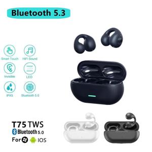 T75 Fone 블루투스 헤드셋 5.3 무선 골전도 헤드폰 클립 이어 음악 소음 차단 HD 통화 스포츠 게임 이어폰