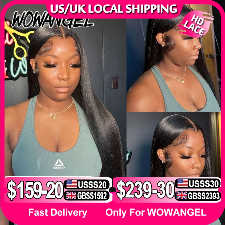 WowAngel 250% Pre Bleached 13x6 HD 레이스 프론트 가발 34in Glueless 스트레이트 인간의 머리 가발 Pre Plucked 브라질 헤어 여성용
