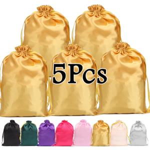 가발 가방 5Pcs 머리 확장 가방 Drawstring 부드러운 부드러운 새틴 가발 가방 팩 블랙 핑크 골드 머리 가발 포장 가방 35*25cm