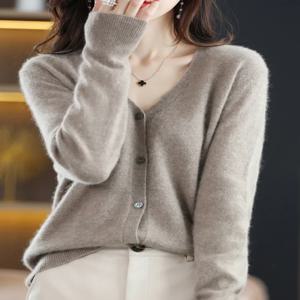 여성용 V넥 싱글 브레스트 용수철 가디건, 짧은 슬림 레이디 니트웨어 상의, 단색 한국 패션 스웨터, 가을
