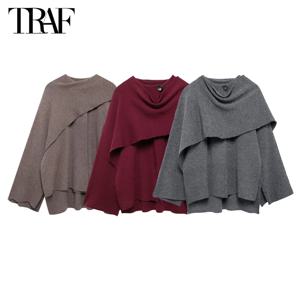 TRAF 케이프 코트 여성 스카프 칼라 폰초 여성 2024 목도리 긴 소매 겨울 여성 폰초 망토 여성용 니트 카디건