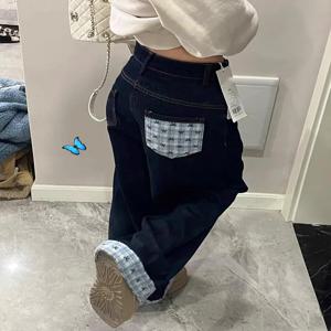 여성용 체크 체크무늬 루즈핏 여유로운 스트레이트핏 스트레이트 와이드핏 와이드 데님 팬츠 청바지 데님 팬츠 청바지 데님 팬츠